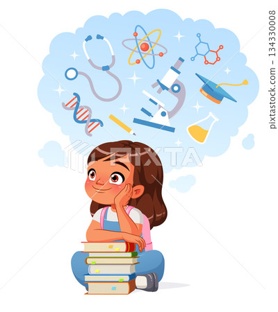 Cute Indian schoolgirl dreams of a career in science as she sits with a stack of books. Cartoon vector illustration. 134330008