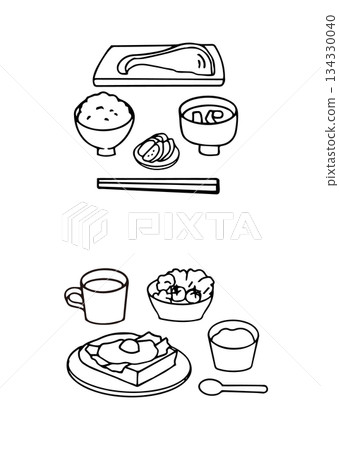 Healthy breakfast illustrations _ Japanese and Western food _ Line drawing Healthy breakfast illustrations _ Japanese and Western food _ Line drawing 134330040
