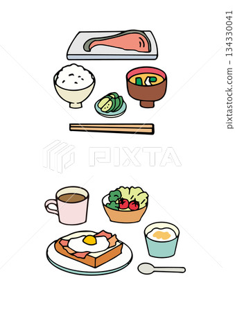 健康早餐插圖—日式和西式食物 134330041
