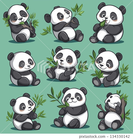 Collection of cute cartoon panda baby in various poses with green bamboo branches Collection of cute cartoon panda baby in various poses with green bamboo branches 134330142