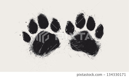 Unique black paw prints on a white surface captured with attention to detail and texture 134330171