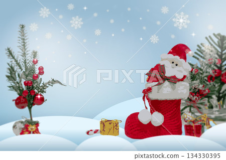 Christmas Santa stocking with snowflakes background 134330395