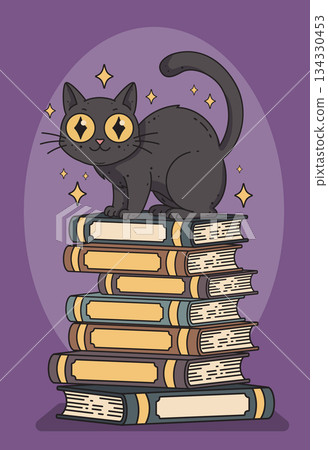 Black Cat Sitting on Stack of Books 134330453