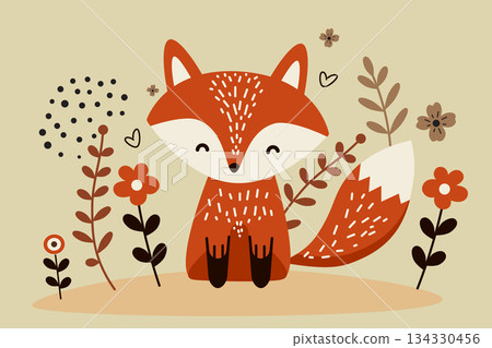 Cartoon Fox Sitting Among Flowers and Leaves 134330456