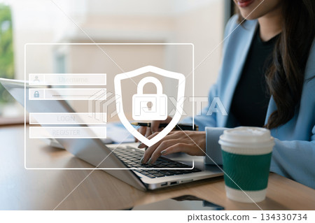 woman typing login and password in the concept of cyber security, information security, data protection, and encryption for secure access to user's personal information. 134330734