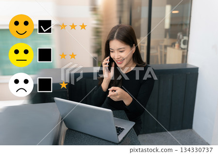 Happy Client customer experience concept. Woman recording phone inquiry with checkboxes, smiling face rating excellent for satisfaction survey. 134330737