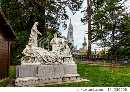 View of the Basilica in the Sanctuary of Lourdes, France. Mayor pilgrimage spot for Catholics 134330908