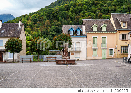 The village of Saint-Savin near Argeles-Gazost with the Pyrenees in the background in the French Pyrenees, France 134330925