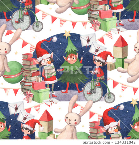 A seamless watercolor pattern with cheerful Christmas Elves A seamless watercolor pattern with cheerful Christmas Elves 134331042
