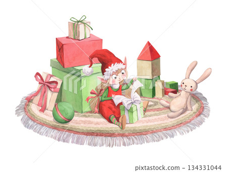 A girl elf sits on a carpet and opens Christmas presents 134331044