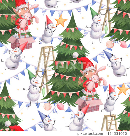 A watercolor pattern featuring cheerful snowmen and a girl elf 134331050