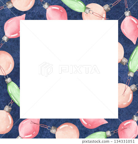 A glass frame with watercolor illustrations of Christmas tree decorations 134331051