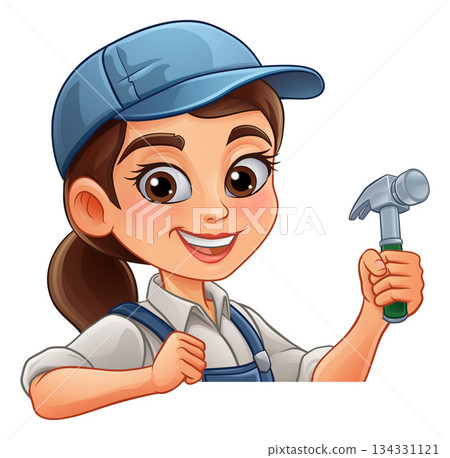 Woman Female Carpenter Cartoon Hammer Builder Woman Female Carpenter Cartoon Hammer Builder 134331121