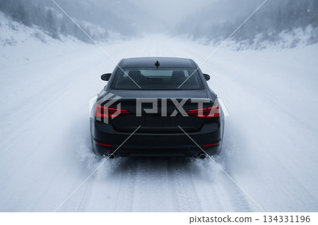 Snowy road car driving scene 134331196