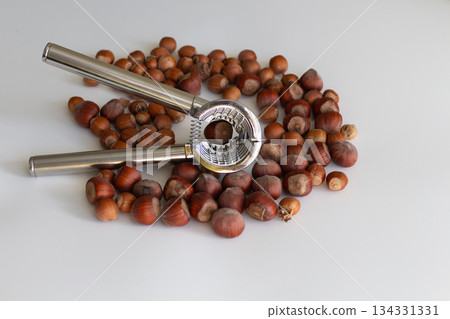 a handful of dried hazelnuts and a nutcracker a handful of dried hazelnuts and a nutcracker 134331331