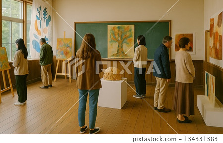 人們在廢棄學校舉辦的藝術展上欣賞藝術作品。 134331383