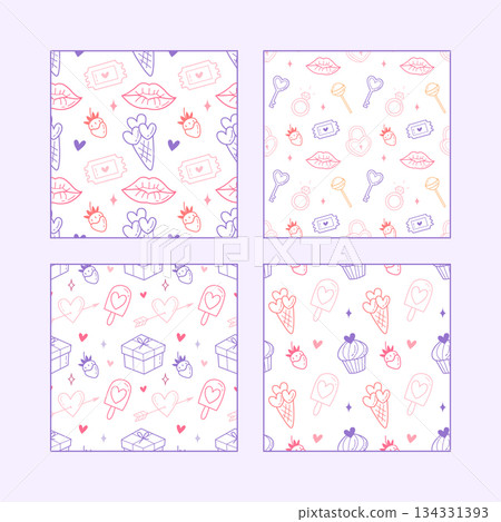 Valentines day Seamless Pattern Set with Cute Hand Drawn Hearts and Romantic Icons 134331393