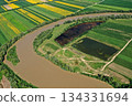 Aerial view of river gravel and sand ballast open pit mining abandoned lake 134331694