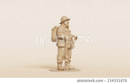 Smiling Elderly Explorer with Walking Staff Miniature  Figure. 3D Rendering. 134331878