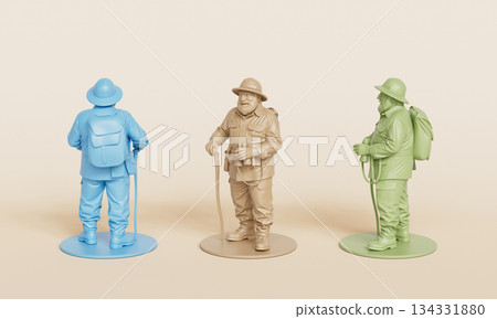 Smiling Elderly Explorer with Walking Staff Miniature  Figure. 3D Rendering. 134331880