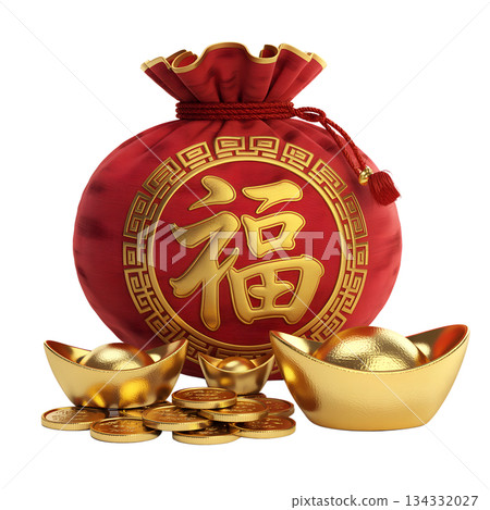 Traditional chinese red lucky bag spilling gold ingots and coins, isolated on transparent for wealth and new year prosperity graphics Traditional chinese red lucky bag spilling gold ingots and coins, isolated on transparent for wealth and new year prosperity graphics 134332027