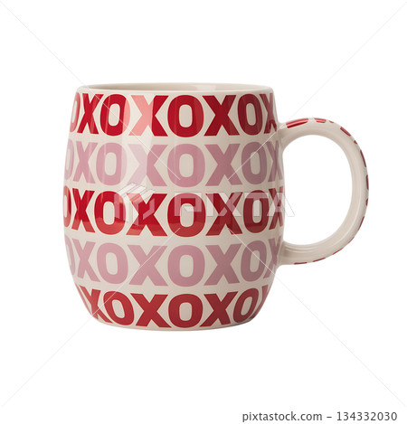 Simple white ceramic coffee mug with a playful repeating xoxo pattern in red and pink, isolated on transparent background for design projects 134332030