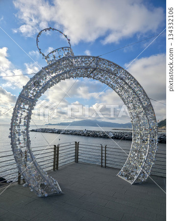 Christmas decoration in Chiavari boardwalk near the mediterranean sea Christmas decoration in Chiavari boardwalk near the mediterranean sea 134332106