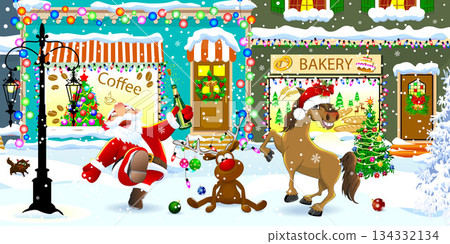 A cheerful Santa, horse, and reindeer on Christmas Eve A cheerful Santa, horse, and reindeer on Christmas Eve 134332134
