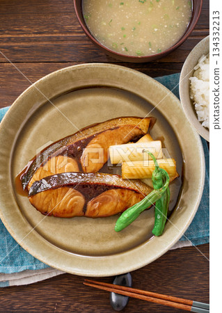 Japanese set meal of teriyaki yellowtail 134332213