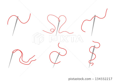 Elegant needle with thread. Needle symbol and curved thread, tailor and shoemaker needlework tool, sewing element. Small tattoo, print for clothes 134332217