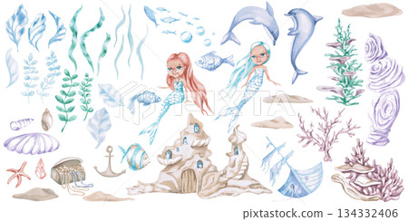 A large set of elements themed around the underwater world of mermaids. Isolated watercolor paintings with a fairytale theme for children's design projects, pattern creation, and interior decor. 134332406