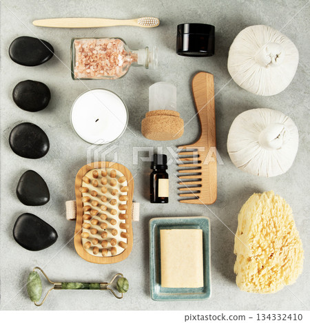 Spa and Self-Care Essentials Flat Lay on Stone Background 134332410