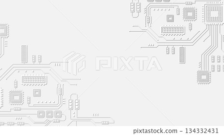 White circuit board background with embossed technology lines and geometric microchip patterns White circuit board background with embossed technology lines and geometric microchip patterns 134332431