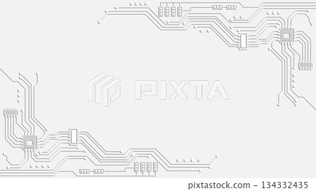 White circuit board background with embossed technology lines and geometric microchip patterns White circuit board background with embossed technology lines and geometric microchip patterns 134332435