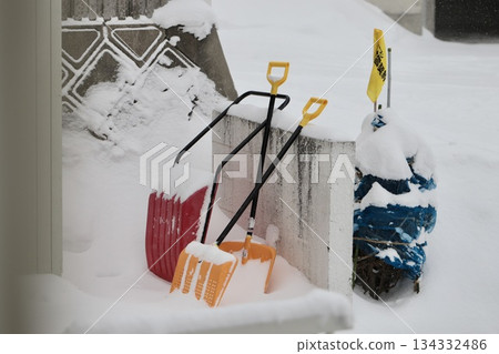 A plastic shovel and a mama's dump truck in front of the house A plastic shovel and a mama's dump truck in front of the house 134332486