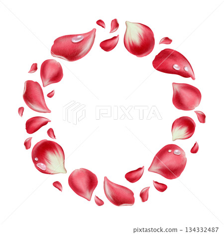 Circular wreath of red rose petals with delicate water droplets,symbolizing love and gratitude.Hand drawn watercolor illustration for Mothers Day cards,gift wrap,floral themed celebrations Circular wreath of red rose petals with delicate water droplets,symbolizing love and gratitude.Hand drawn watercolor illustration for Mothers Day cards,gift wrap,floral themed celebrations 134332487