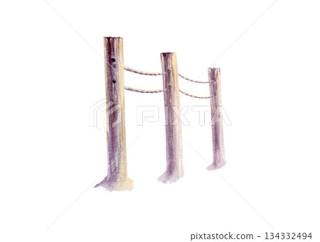 Wooden posts bound with thick rope stand against a coastal sunset in warm amber hues.Watercolor scene elements,with soft textures and nautical feel,for seaside branding,travel blogs,marine theme 134332494