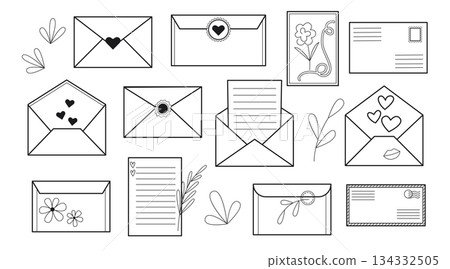Envelopes and letters with hearts in doodle sketch style 134332505