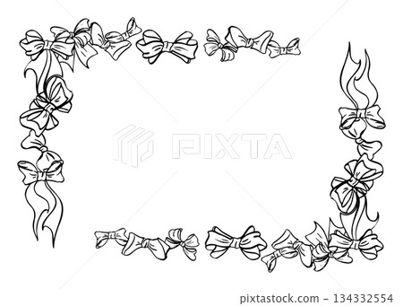Ribbon curls and elegant bows outlining rectangle border. Hand drawn vector illustration in pen and ink. Wedding stationery, holiday invitation, celebration printable template, Mothers day decor. Ribbon curls and elegant bows outlining rectangle border. Hand drawn vector illustration in pen and ink. Wedding stationery, holiday invitation, celebration printable template, Mothers day decor. 134332554