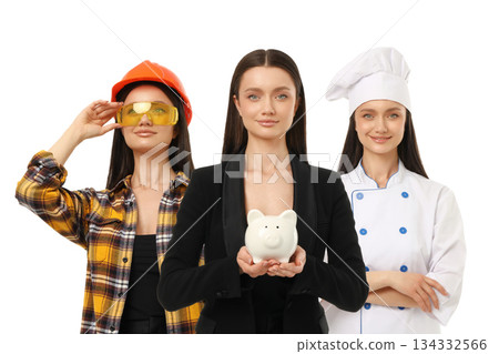 Young woman shows three job looks with piggy bank, PNG Young woman shows three job looks with piggy bank, PNG 134332566