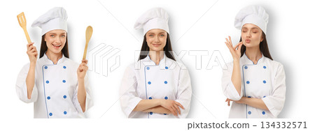 Set, Woman cooks with a spatula while wearing a chef hat, PNG Set, Woman cooks with a spatula while wearing a chef hat, PNG 134332571