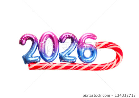 Bright candy cane paired with festive 2026 numbers, on white, PNG Bright candy cane paired with festive 2026 numbers, on white, PNG 134332712