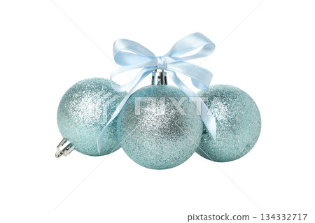 Three shiny blue Christmas ornaments tied with a ribbon, on white, PNG 134332717