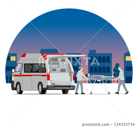 Ambulance, emergency transport, emergency team set Night cityscape Ambulance, emergency transport, emergency team set Night cityscape 134332734