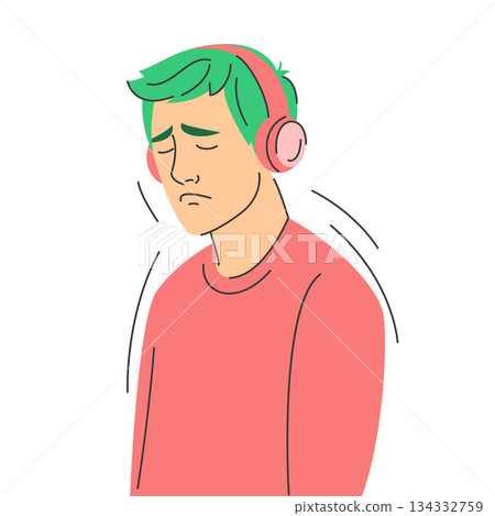 Sad man listening to music in headphones 134332759