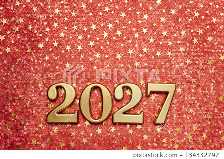 Happy New Year 2027 Celebration with Golden Numbers on Red Festive Background Elegant festive design with glitter texture, perfect for greeting cards, invitations 134332797