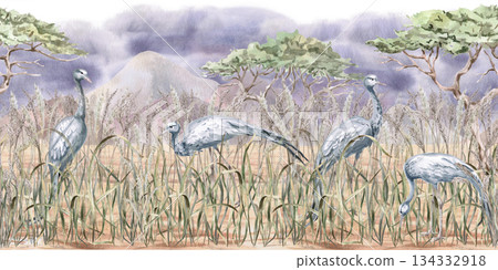 A seamless border featuring an African steppe landscape, grey cranes, and mountains. Isolated watercolor illustration for interior design, environmental program websites, posters, and fabric printing. A seamless border featuring an African steppe landscape, grey cranes, and mountains. Isolated watercolor illustration for interior design, environmental program websites, posters, and fabric printing. 134332918