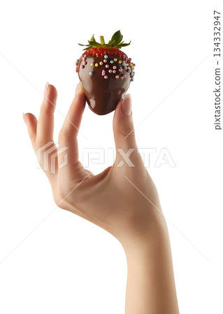 Hand presenting tempting chocolate-covered strawberry with colorful sprinkles, perfect for gift ideas, food advertising, valentine's day promotional content 134332947