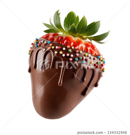 Delicious chocolate-dipped strawberry covered with rainbow sprinkles, isolated on transparent background. Sweet treat for valentine's day, dessert menus, or food blogs 134332948
