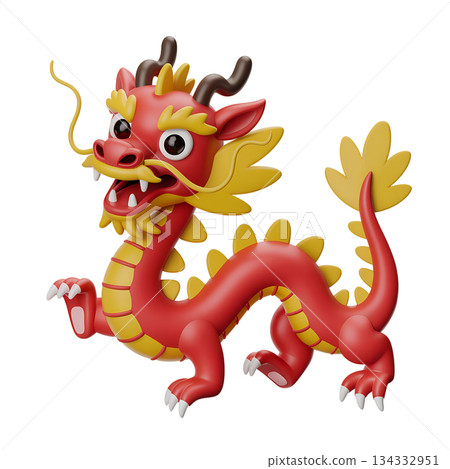 Smiling friendly 3d cartoon dragon character in traditional red and gold colors, ideal for festive celebrations, year of the dragon graphics, and cultural projects 134332951